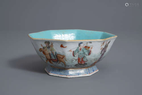An octagonal Chinese famille rose 'Immortals' bowl, Tongzhi mark and of the period