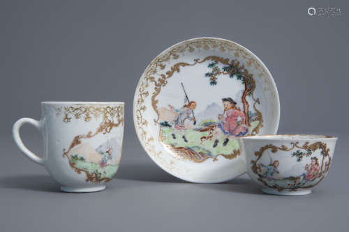 Two Chinese famille rose 'European hunting scene' cups and a saucer, Qianlong