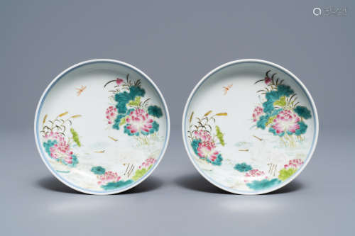 A pair of Chinese famille rose 'cranes' dishes, Daoguang mark and prob. of the period