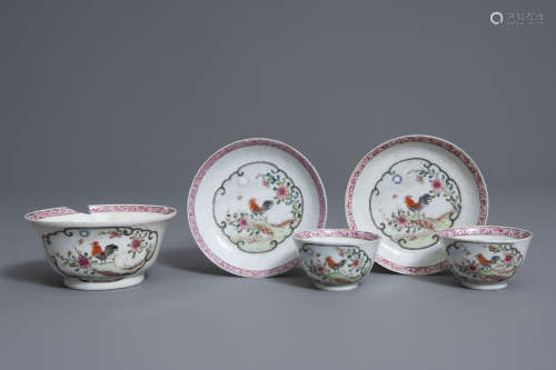 A Chinese famille rose bianco sopra bianco 'rooster' bowl and two sets of cups and saucers, Yongzheng/Qianlong