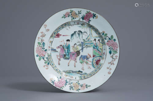 A fine Chinese famille rose plate with figures in a carriage, Yongzheng