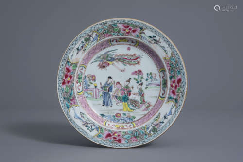 A Chinese famille rose plate with figures and phoenixes, Yongzheng/Qianlong