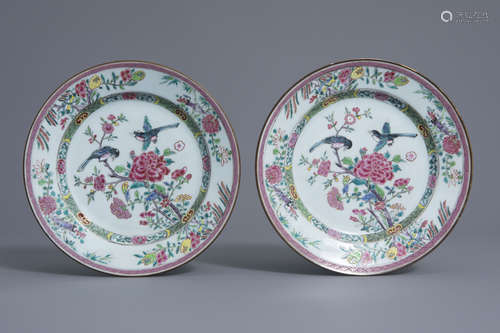 A pair of Chinese famille rose 'magpies and peonies' plates, Yongzheng