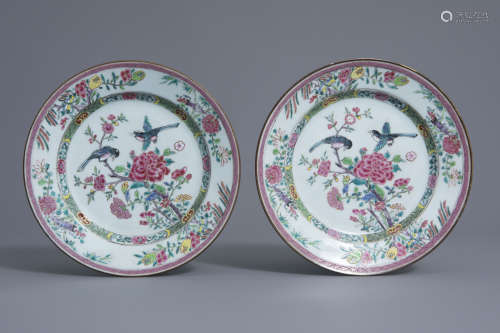 A pair of Chinese famille rose 'magpies and peonies' plates, Yongzheng