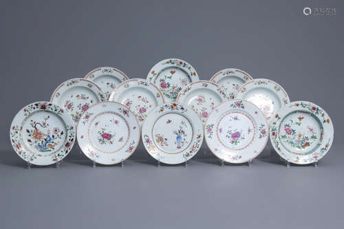 Twelve Chinese famille rose plates with floral design, Qianlong