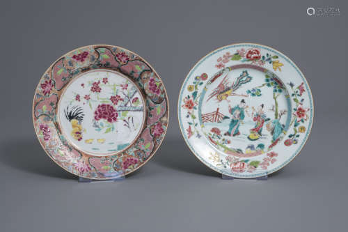 Two fine Chinese famille rose plates with different designs, Yongzheng/Qianlong