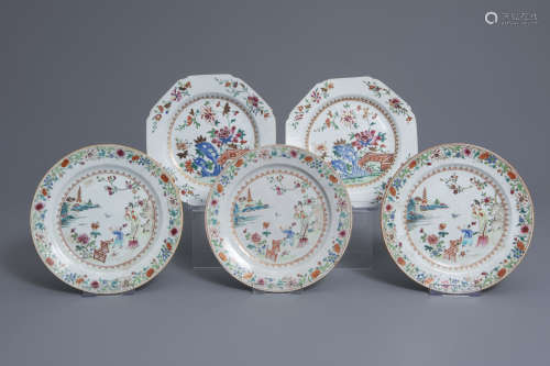 Five Chinese famille rose plates, Qianlong