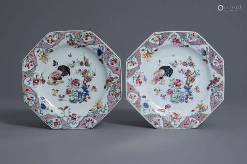 A pair of Chinese famille rose octagonal 'rooster' plates, Qianlong