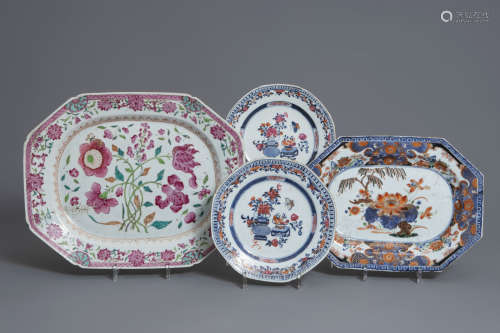 Two Chinese famille rose and verte platters and a pair of plates, Yongzheng/Qianlong