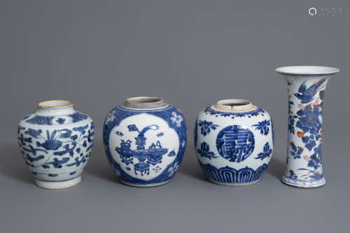 Four Chinese blue, white and Imari style jars and vases, Kangxi