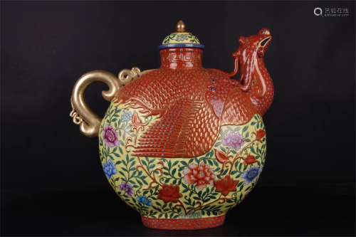 A Chinese Yellow Ground Famille-Rose Porcelain Tea Pot