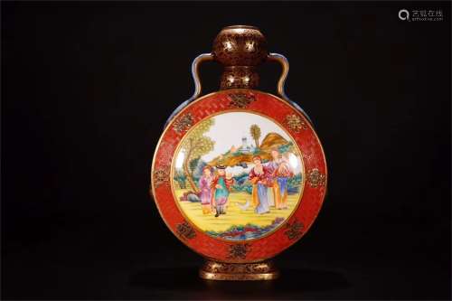A Chinese Red Ground Famille-Rose Porcelain Moon Flask