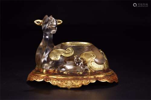 A Chinese Carved Rock Crystal Deer with Inlaid