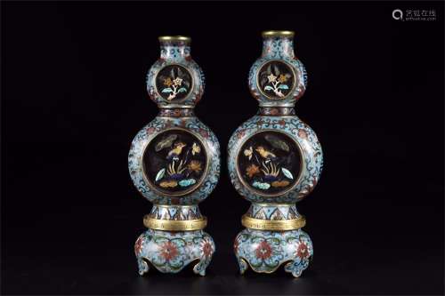 A Pair of Chinese Bronze Cloisonne Double Gourd Vases