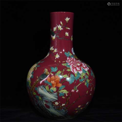 A Chinese Red Glazed Famille-Rose Porcelain Vase