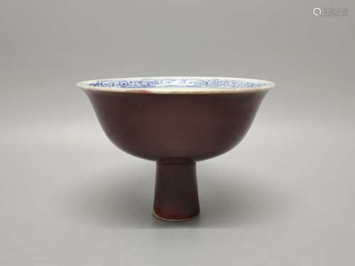 A Chinese Red Glazed Blue and White Porcelain Stem-Cup