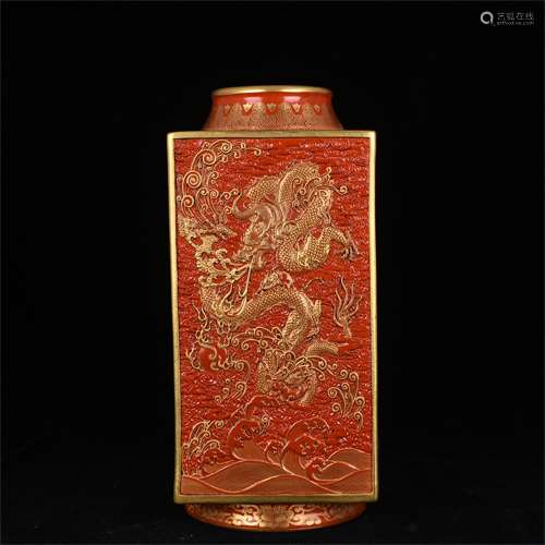 A Chinese Iron-Red Glazed Porcelain Square Vase