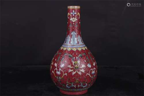 A Chinese Red Ground Famille-Rose Porcelain Vase