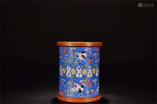 A Chinese Blue Ground Famille-Rose Porcelain Brush Pot