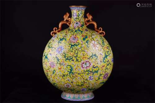 A Chinese Yellow Ground Famille-Rose Porcelain Moon Flask