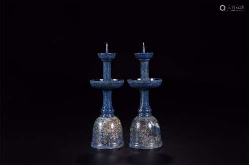A Pair of Chinese Lapis Lazuli Candle Holders
