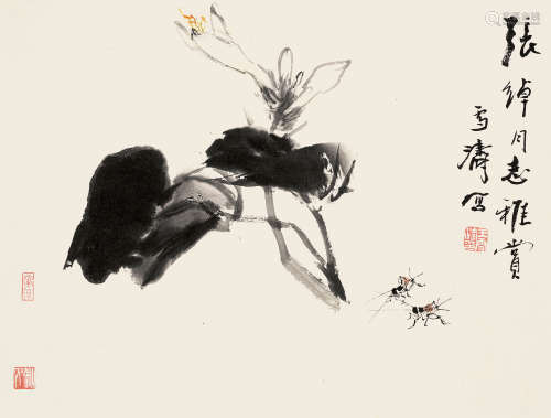 王雪涛（1903～1982） 玉兰草虫 镜片 设色纸本