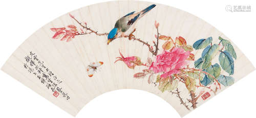 蔡铣（1871～1946） 花枝禽戏 扇片镜框 设色纸本