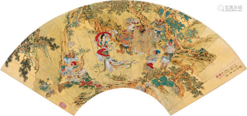 徐操（1899～1961） 钟进士乐舞图 泥金扇片镜框 设色纸本