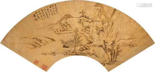 查士标（1615～1698） 幽居图 泥金扇片 水墨纸本
