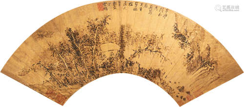 丁云鹏（1547～1628） 1591年作 茅屋清话 红金扇片 水墨纸本