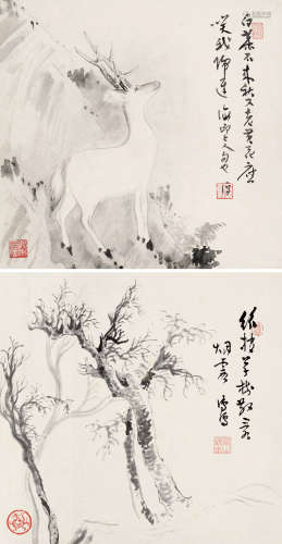 溥儒（1896～1963） 白鹿归来、散看烟霞 （二件） 镜片 水墨纸本