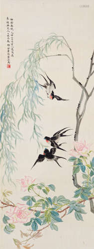 金章（1884～1939） 1915年作 柳阴春晓 立轴 设色绢本