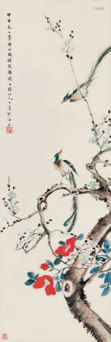 李研山（1898～1961） 1944年作 花枝鸣禽 立轴 设色纸本