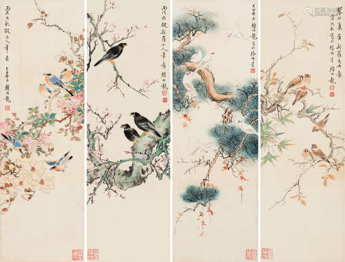 颜伯龙（1898～1955） 1946年作 花鸟 四屏条镜片 设色绢本
