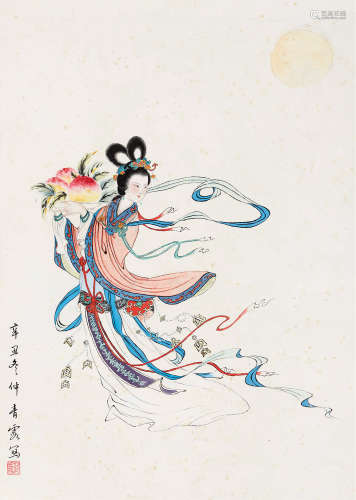 吴青霞（1910～2008） 1961年作 蟠桃仕女 立轴 设色纸本