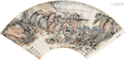 张辛稼（1909～1991）林芾桢（民国） 家在深山翠岭中 书法 扇面 设色纸本