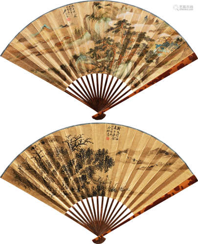 吴琴木（1894～1953） 1945年作 秋山迭翠、夏木垂阴 泥金成扇 水墨纸本 设色纸本