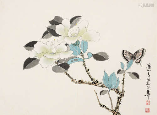 谢稚柳（1910～1997） 花开蝶舞 镜片 设色纸本