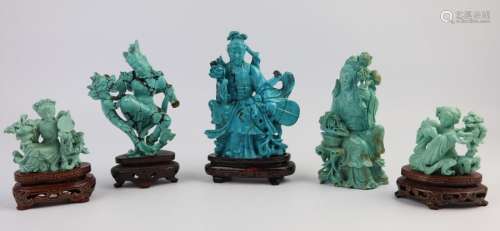 CHINE, XXème siècle. \nCinq statuettes en turquoise…