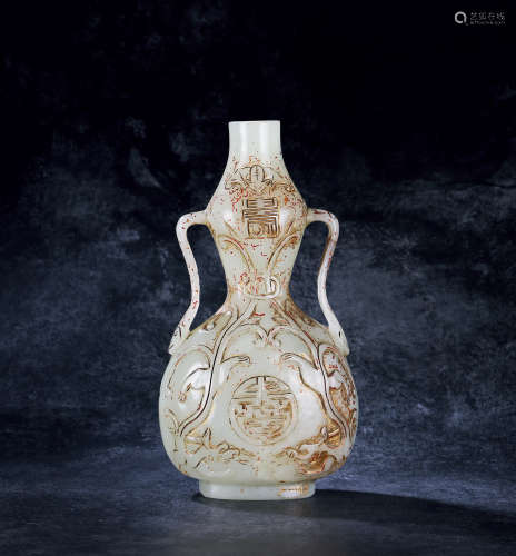 明中期 白玉团寿螭龙纹加彩描金绶带耳葫芦瓶
