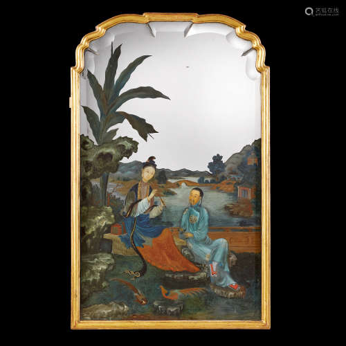 A Chinese Export Reverse Painted Glass Mirror