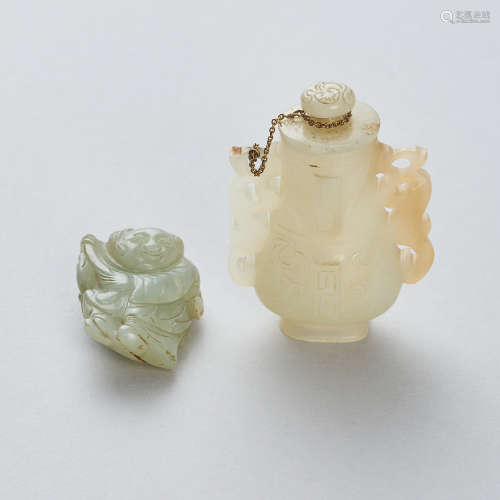 A Miniature Jade Jar with Cover and A Jade Figure