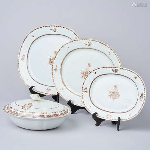 A Sepia and Gilt Tureen and Three Dishes