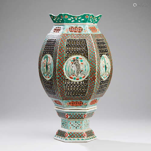 A Reticulated Famille Verte Lantern Lamp and Stand