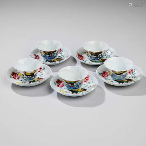 A Set of Five Famille Rose Cups and Saucers