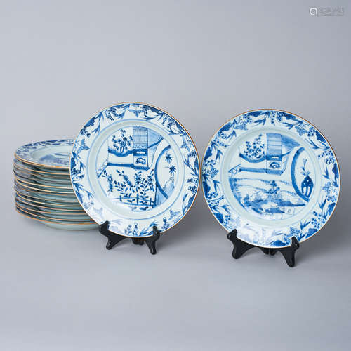 A Set of 16 Large Blue and White Plates