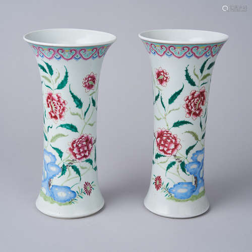 A Pair of Famille Rose Beaker Vases