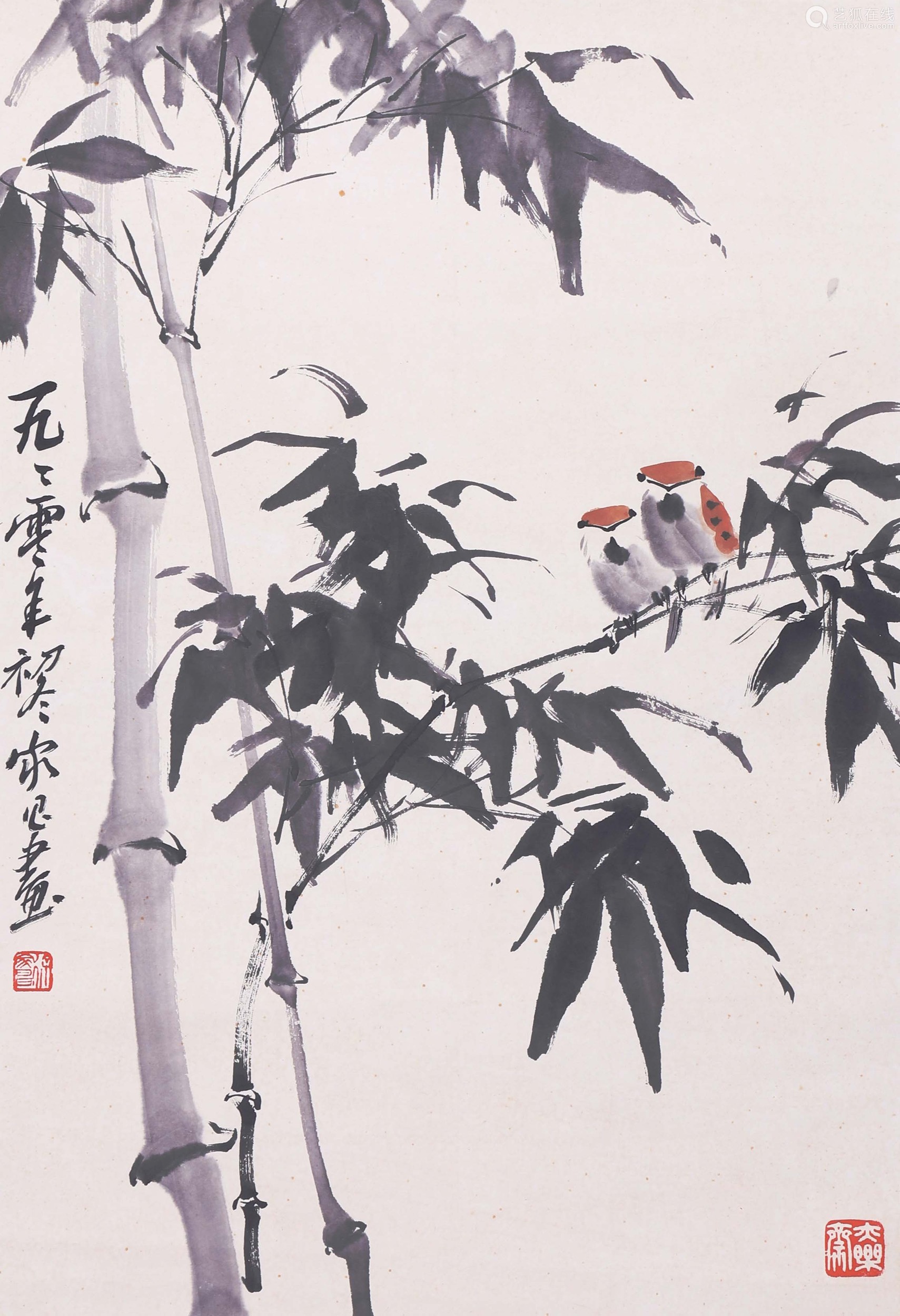 徐家昌 竹雀图 设色纸本 立轴-【成交 价格 图片】