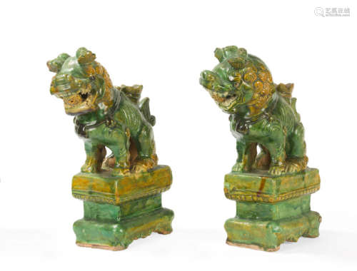 Pair of celadon enamelled terracotta fô dogs. Chin…
