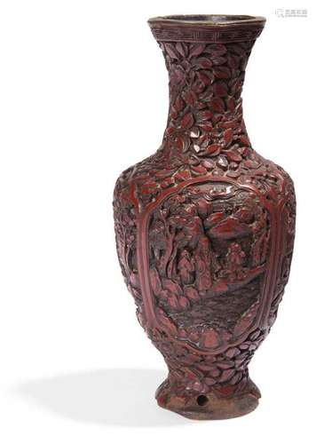 Small vase in cinnabar lacquer carved on a metalli…